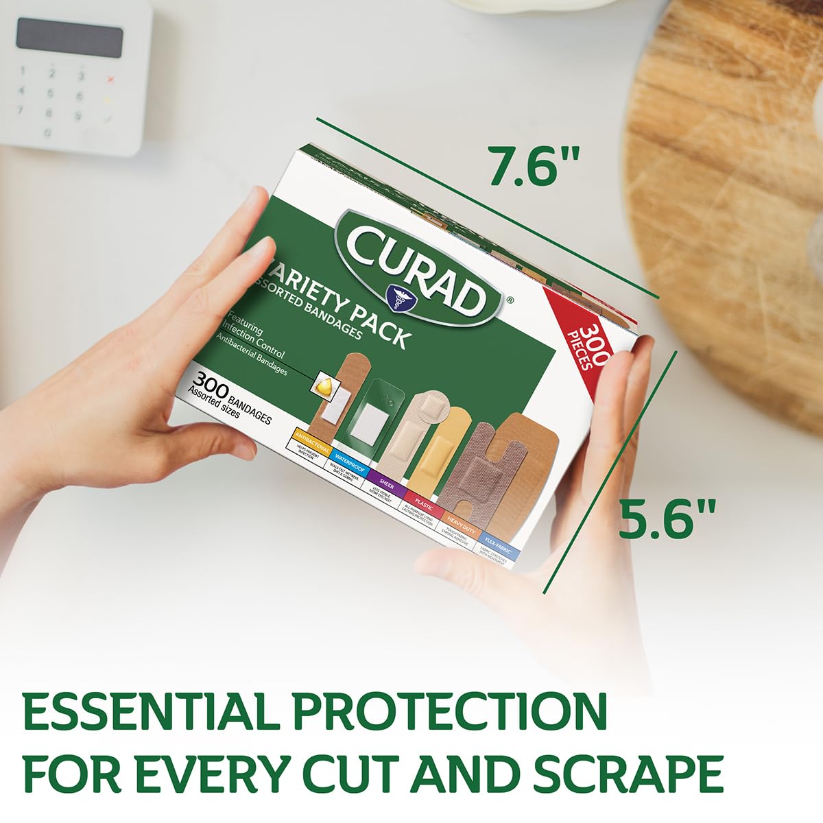 CURAD Assorted Bandages Variety Pack, 300 Count, 6 Styles Including Antibacterial, Waterproof, Sheer, Plastic, Heavy Duty & Flex-Fabric, Protects Scrapes, Cuts & Burns, Latex-Free