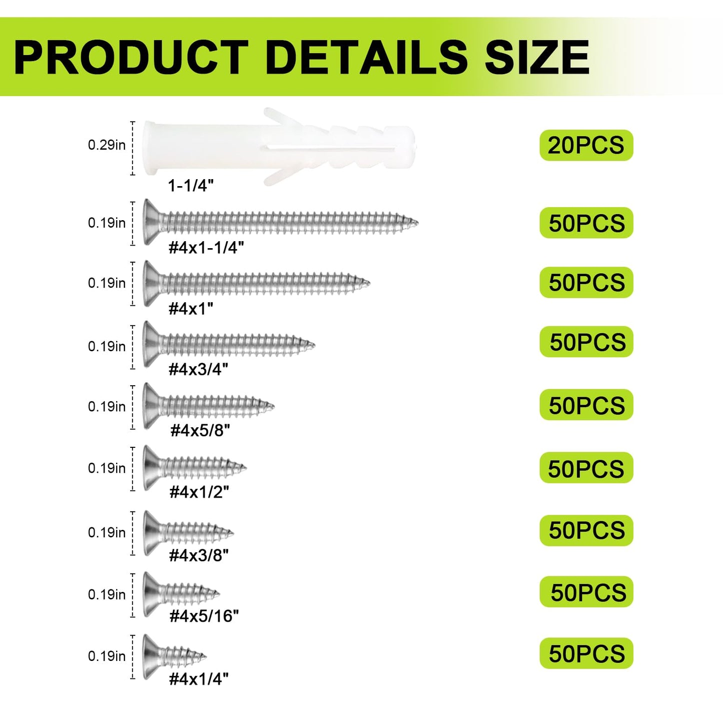 #4 Flat Head Small Wood Screws Assortment kit, 420Pcs, Phillips Short Screw, 304 Stainless Steel, Cabinet Hinge Mounting, Electronics DIY Micro Screws Fasteners Set, Contains 20pcs M6 Screw Anchors