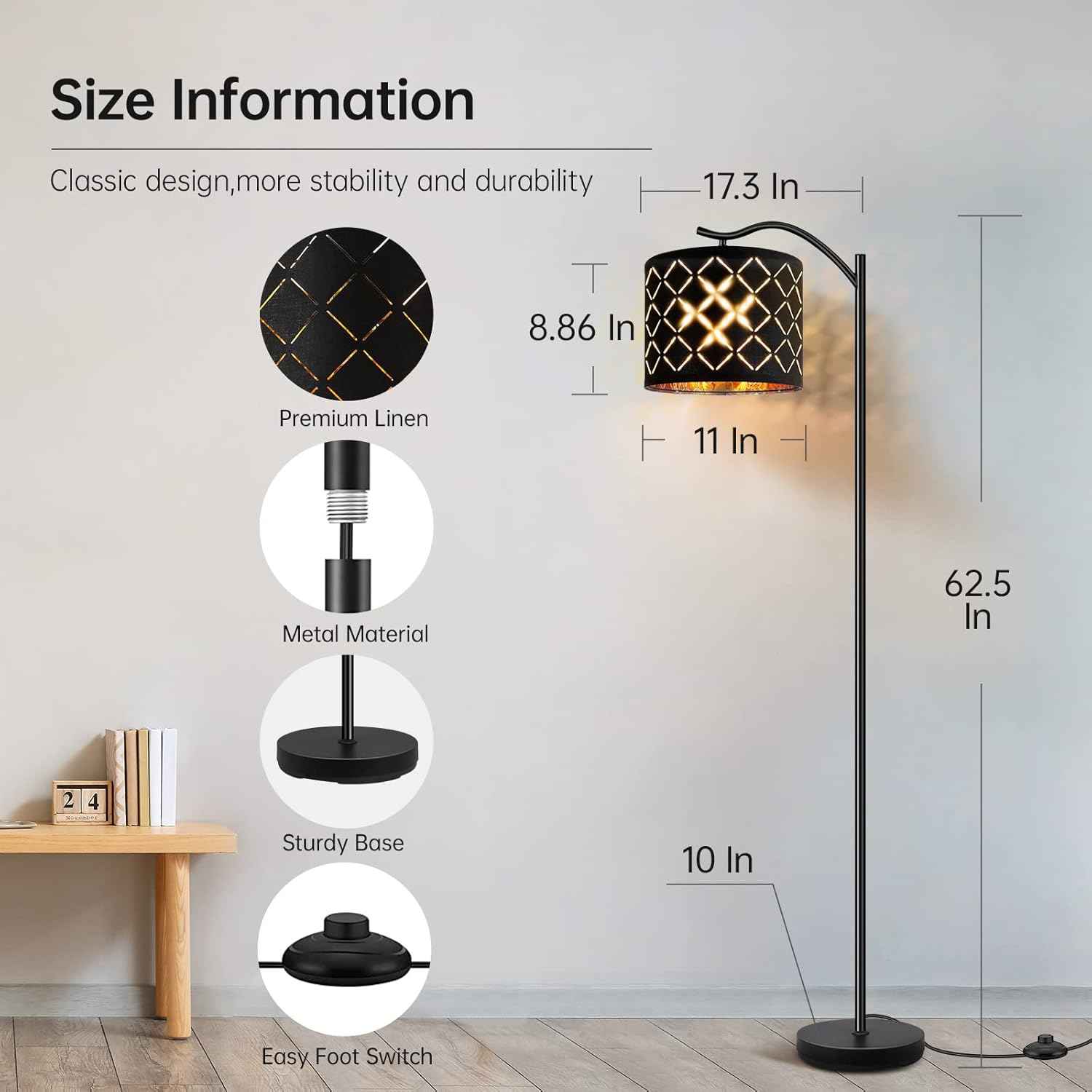 Modern LED Floor Lamp with Bohemian Linen Shade – Arched Tall Standing Light for Living Room & Bedroom