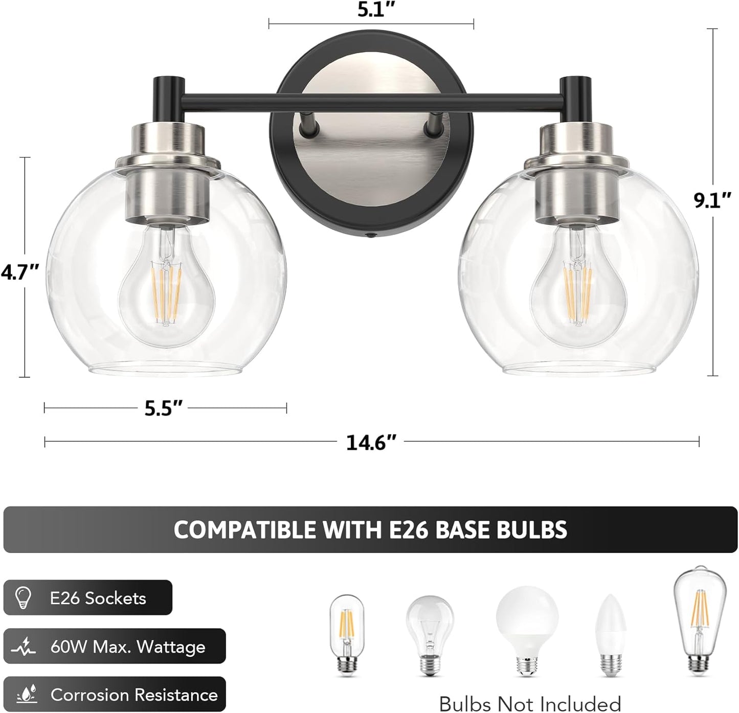 3-Light Vanity Bathroom Light Fixture with Globe Glass Shades - Brushed Nickel, ETL Certified