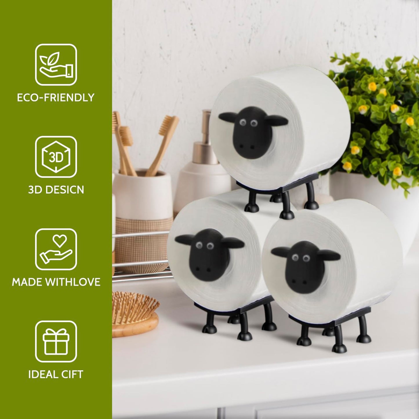 Sheep Toilet Roll Holder: Tissue Paper Roll Storage Stand - 3D Printed Black Sheep Loo Roll Holder - Toilet Paper Holder Bathroom Set for Bathroom Shelf Housewarming Gift Bathroom Decor (3 Pcs)