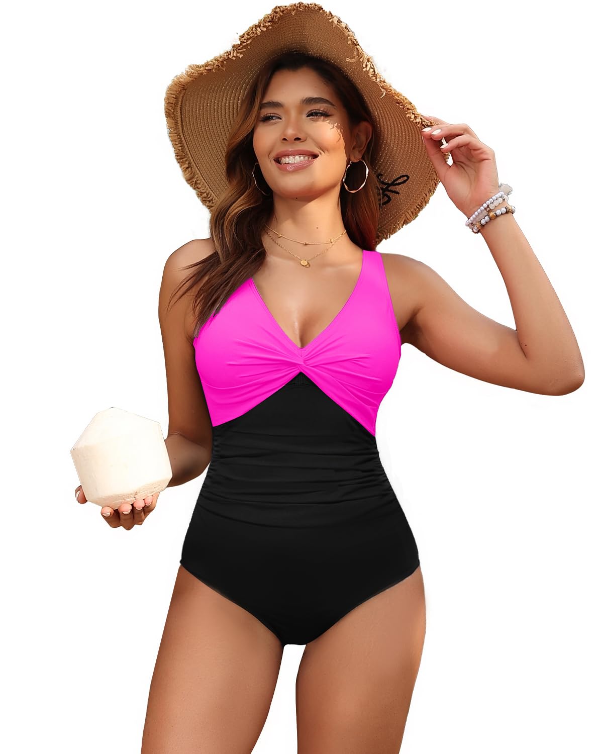 Holipick Hot Pink Black Women Tummy Control One Piece Swimsuit - Push Up Bathing Suit Full Coverage Slimming Swimwear L
