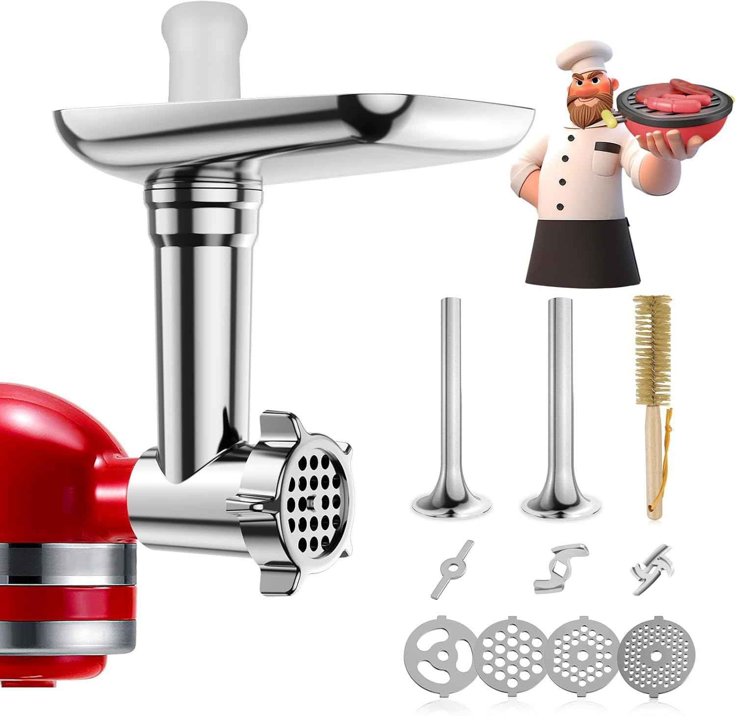 Stainless Steel Meat Grinder Attachment for Mixers - Sausage Stuffer, Dishwasher Safe