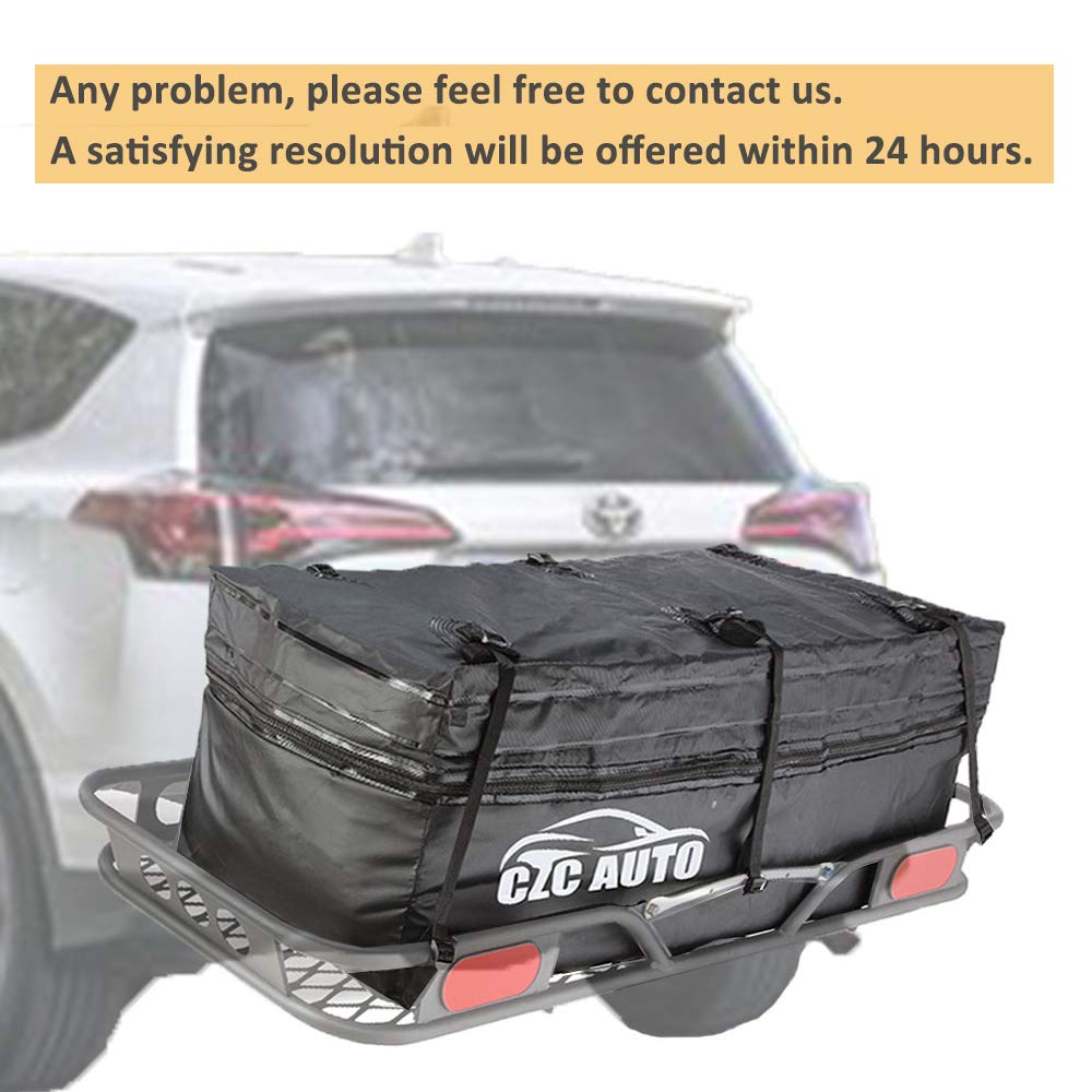 CZC AUTO Expandable Hitch Cargo Carrier Bag 9.5 cu. ft Extends to 11.6 cu. ft, Waterproof/Rainproof/Weatherproof, for Car Truck SUV Vans' Hitch Trays Hitch Baskets, Safe Steady Durable Soft Black