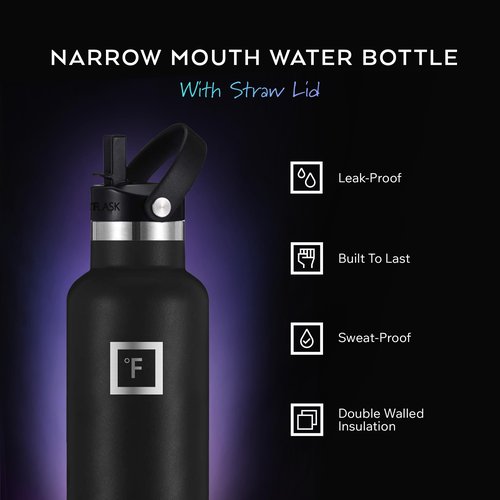 IRON °FLASK Camping & Hiking Hydration Flask with Straw, Narrow Mouth Insulated Stainless Steel Sports Water Bottle - Day & Night 24 oz - Straw (1 Lid)