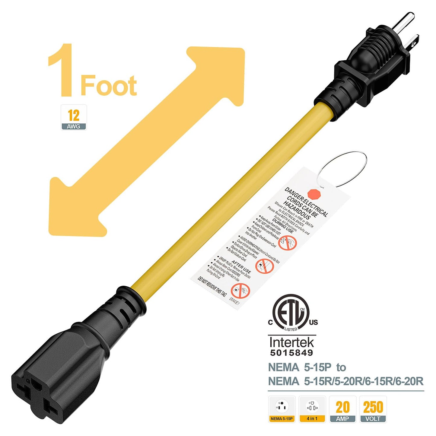 1-Foot Nema 5-15P to 4-in-1 Female Adapter Cable, 6-20R 12AWG Heavy Duty EV Charging Power Adapter,15A Household Plug to 6-20R T Blade Adapter Cord Yellow Cord