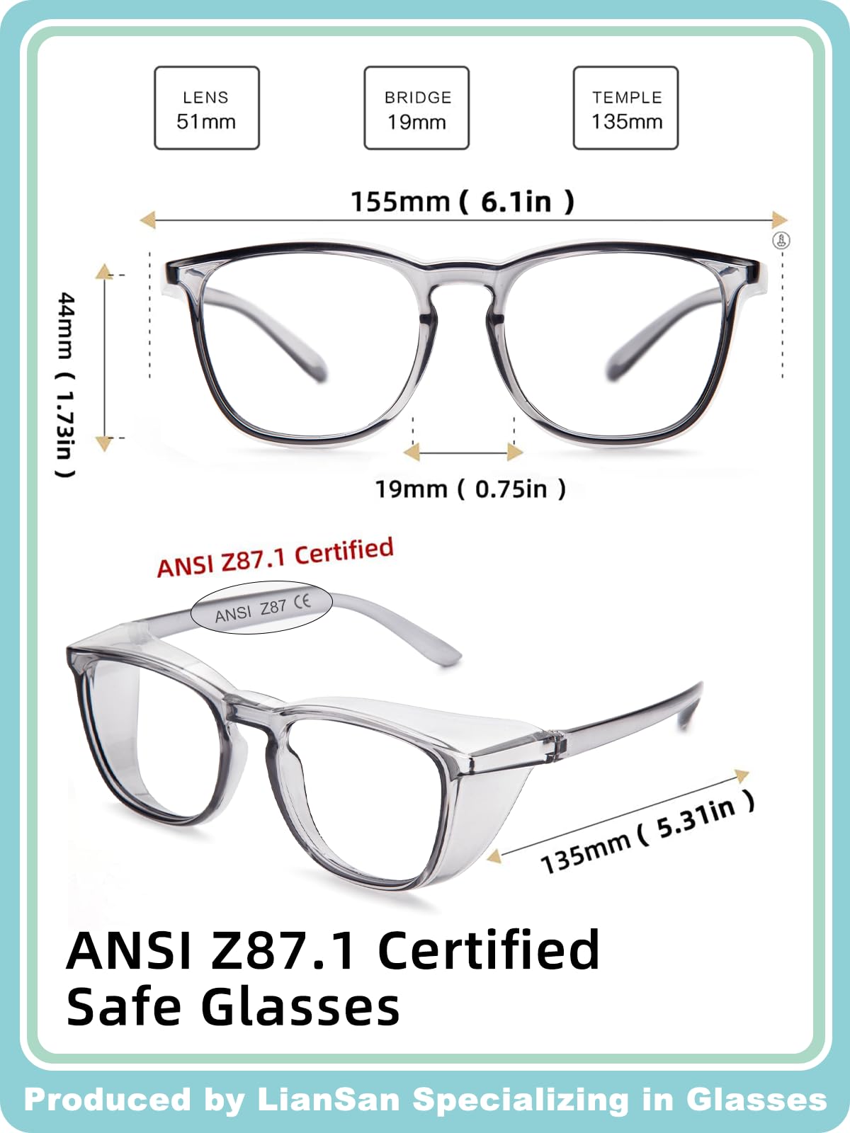 LianSan Oversize Anti-Fog Safety Glasses for Nurses, Z87.1 Certified Goggles for Women, Square UV Protection Light Grey