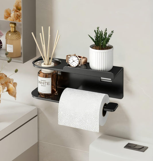 Toilet Paper Holder Wall Mount - Strong Adhesive or Screw Mount Bathroom Toilet Paper Holder with Shelf- SUS304 Stainless Steel Tissue Roll Storage - Holds Phone, Reed Diffuser(Matte Black)