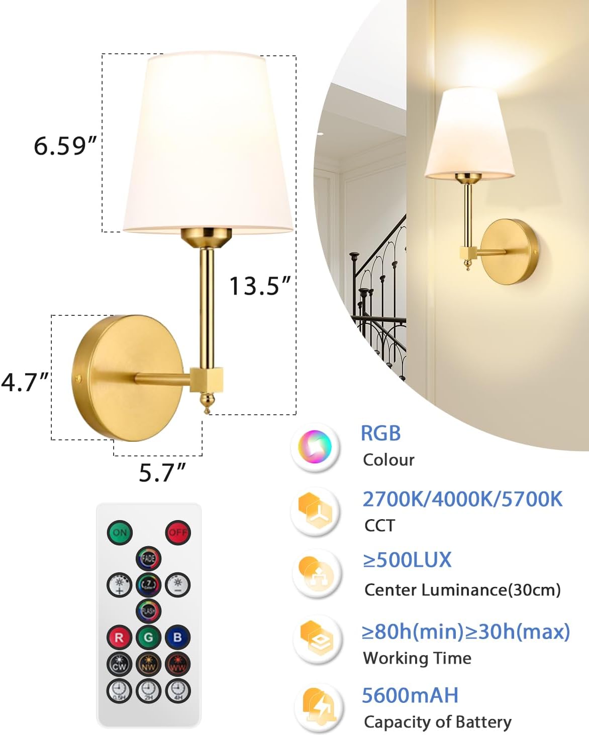 Rechargeable Black Wall Sconce Set of 2 - 5CCT Wireless Dimmable Lights with Remote for Bedroom & Living Room