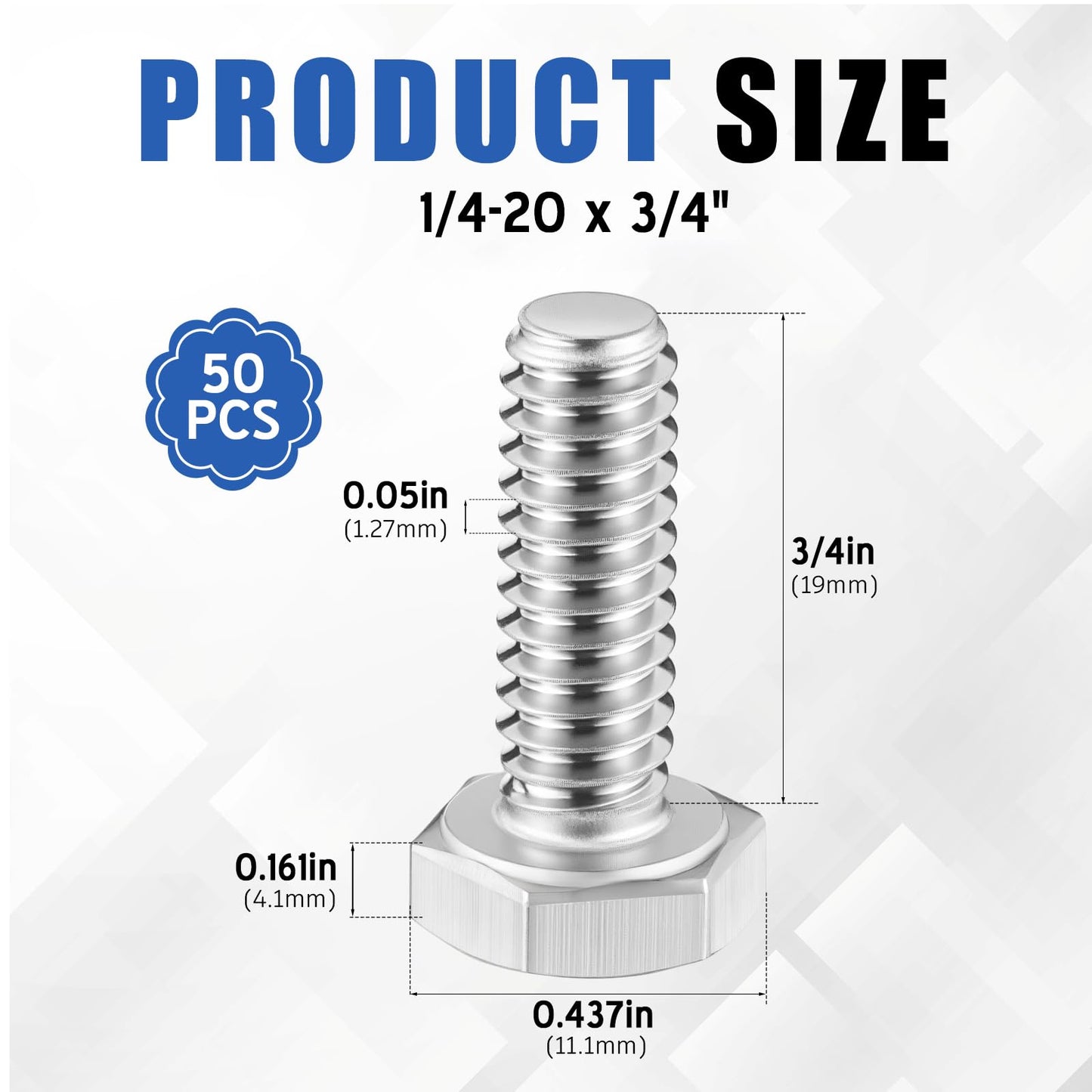 Zonon 50 Pcs 1/4-20 x 3/4" Hex Head Screw Bolt 18-8 (304) Stainless Steel Hexagon Bolts, Fully Threaded, Plain Finish, External Hex Drive