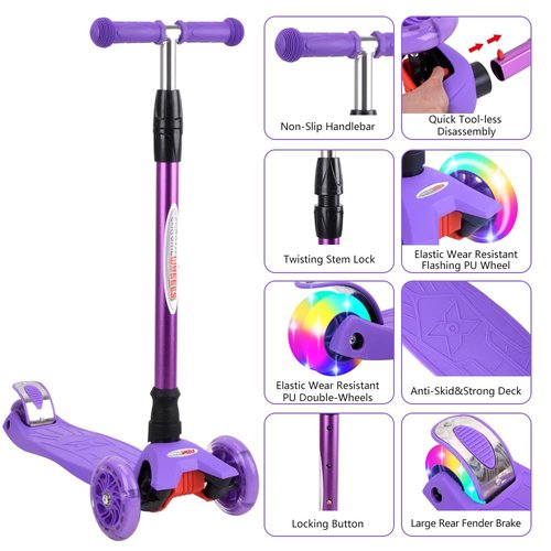 ChromeWheels Scooters for Kids, Deluxe 3 Wheels Kick Scooter 4 Adjustable Height 132lbs Weight Limit, Lean to Steer LED Light Up Wheel, Best Gifts for Girls Boys Ages 3-12 Years Old, Purple