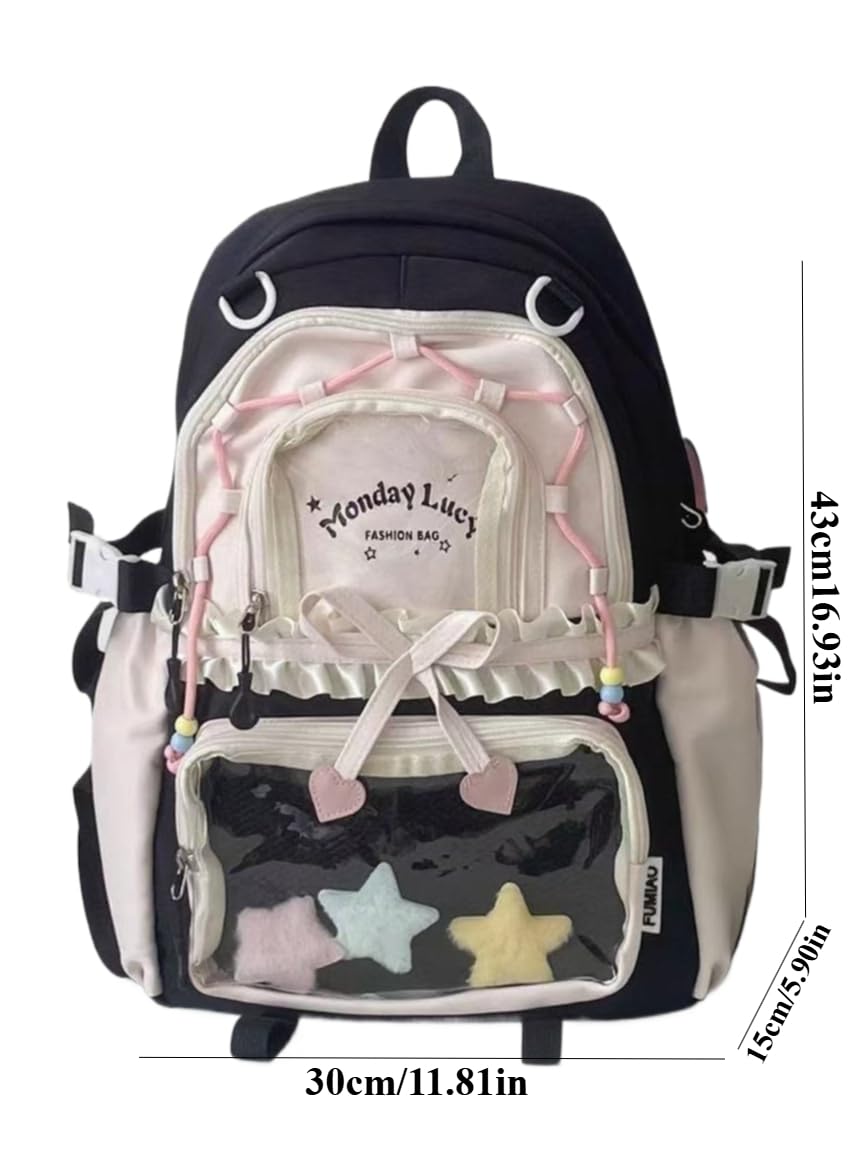 Ita Bag Kawaii Y2K Bookbag Aesthetic Spacious Star Backpack with Bow Pouch for Anime Convention Travel Casual Outing (Black)