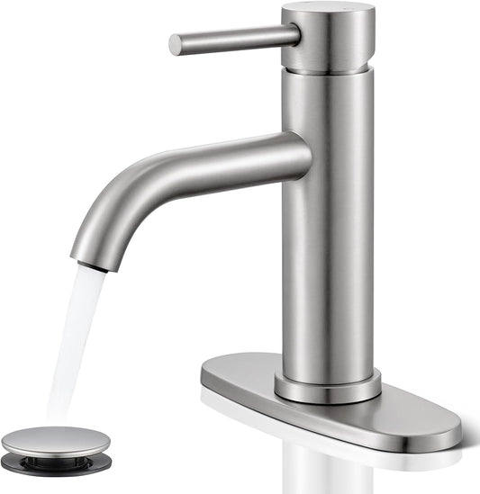 WINKEAR Gold Bathroom Faucet - Modern Single Hole Sink Faucet with Pop-up Drain & Flexible Hoses