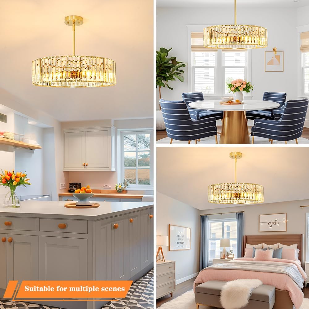 Modern Gold Crystal Ceiling Light Fixture - 11-Inch Semi Flush Mount Chandelier for Kitchen & Entryway