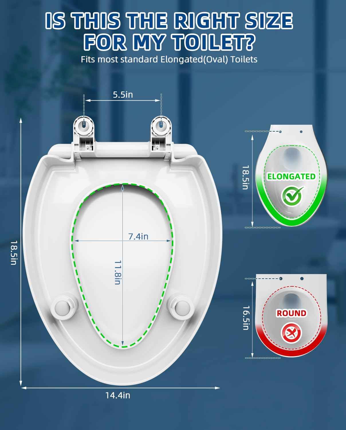 Elevated Toilet seat 3 inch, Elongated Toilet seat risers for Seniors, Slow Close, Heavy Duty, Never Loosen, Raised Toilet seat Elongated Bowl, White(18.5”)