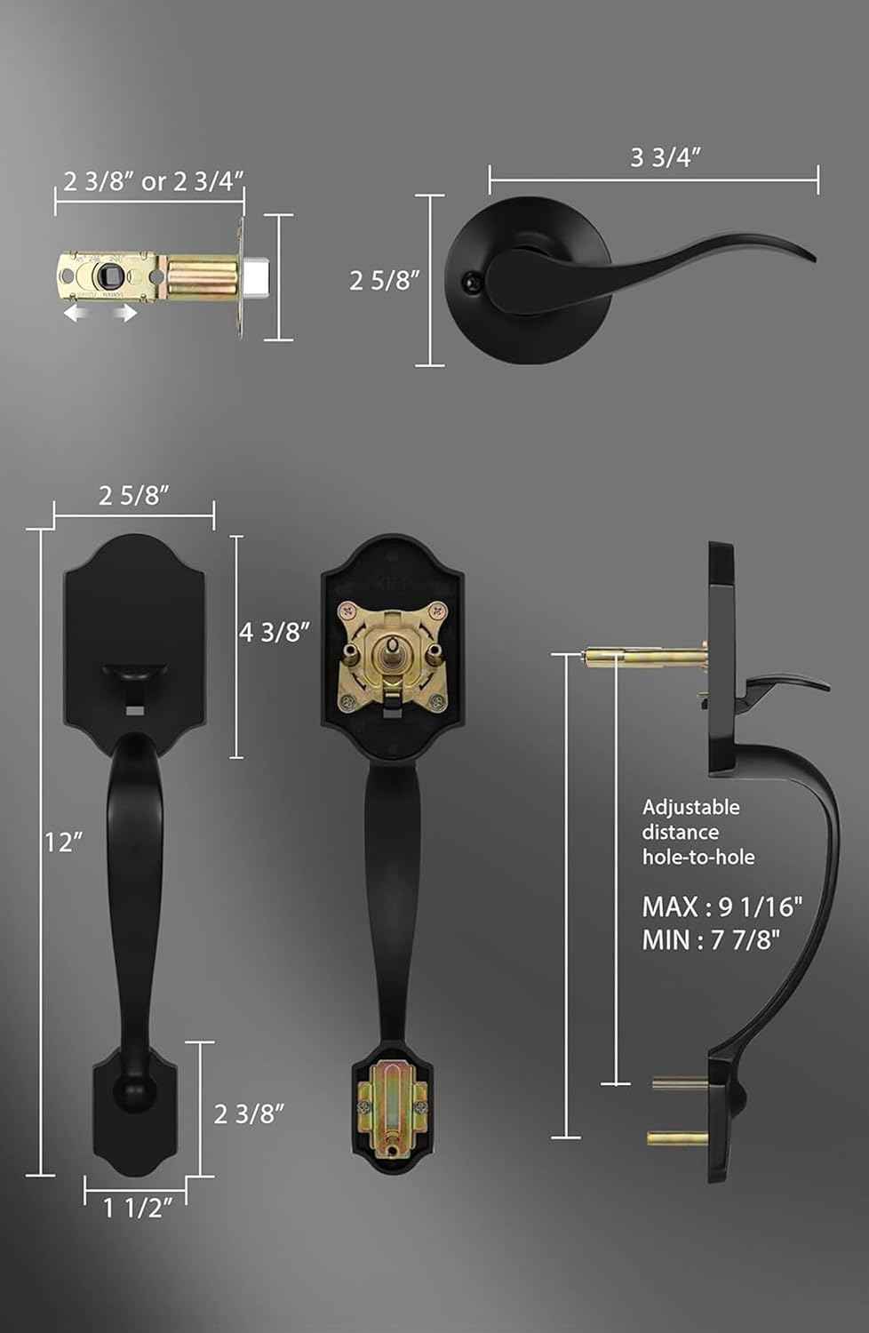 Gold Front Door Handle & Deadbolt Set - Reversible Lever Lock Hardware