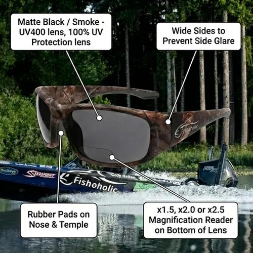 Fishoholic Polarized Bi-Focal Fishing Sunglasses with Reader Magnification (1.5x, 2.0x, or 2.5x) and UV400 Protection