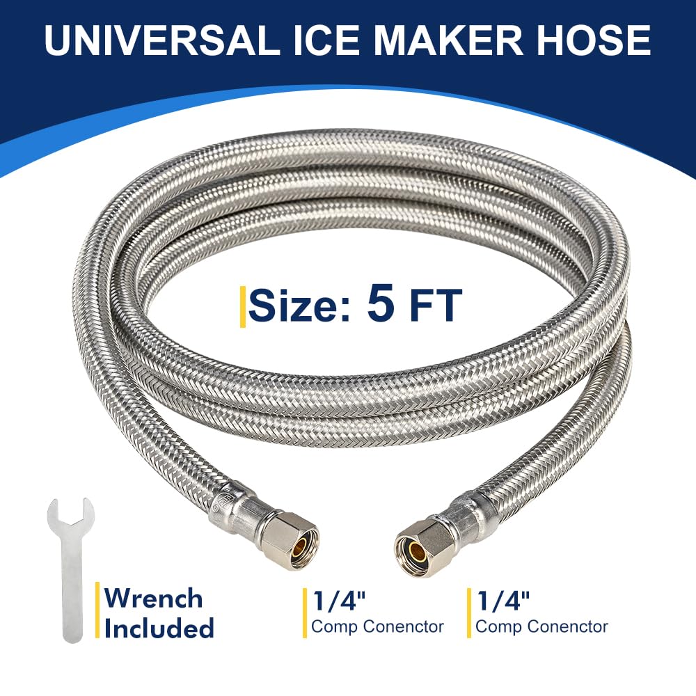 5ft Ice Maker Water Line Stainless Steel Braided – Flexible Refrigerator Water Supply Tube with 1/4" Quick Connect Fitting, Universal Fit