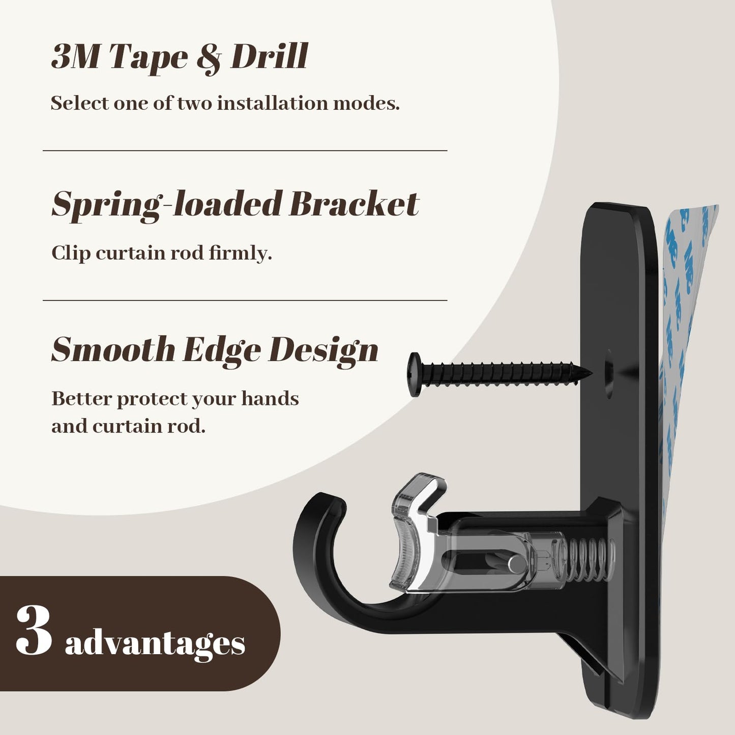 Curtain Rods No Drilling for Windows 36 to 48 Inch, 5/8 Inch Telescoping Adjustable Black Curtain Rod with Adhesive Holders, Renter Friendly for Bedroom Kitchen Apartment(36"-48")