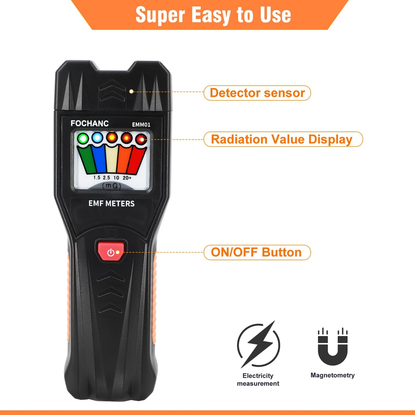 EMF Meter with 5 LED Magnetic Field Detector with On/Off Button, Fochanc Ghost Hunting Equipment Tester 50Hz-20,000Hz, for Home, Office & Outdoor Inspections, Battery Included(Black)