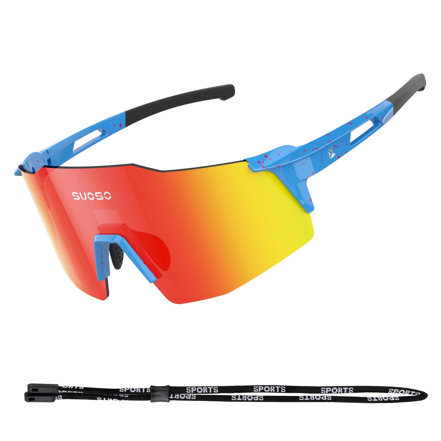 suoso Sports Polarized Sunglasses Men: Youth Baseball Sunglasses, Women Running Glasses Wrap Around Cycling Glasses UV400 Blue & Red Organge-Lanyard