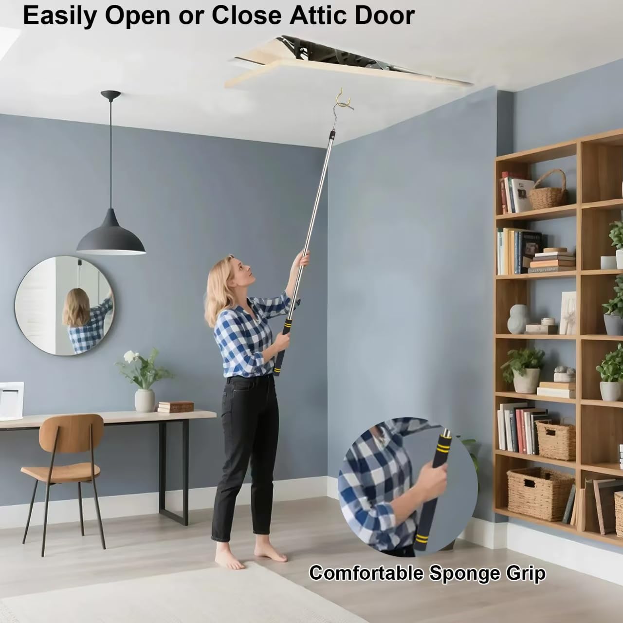 Gzlozak Attic Pull Down Hook, 36" to 64" Attic Ladder Pull Cord Heavy Duty Cord Replacement for Attic Door Awning Pull Rod Garage Doors Stainless Steel with Comfort Sponge Grip Silver