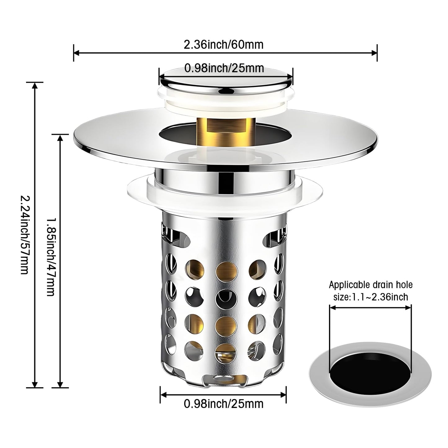 Universal Bathroom Sink Stopper, Pop Up Sink Drain Strainer Plug with Removable Stainless Steel Filter Basket Hair Catcher, Bathroom Bathtub Drain Stopper for 1.1-2.36 Inch Basin(1PACK)