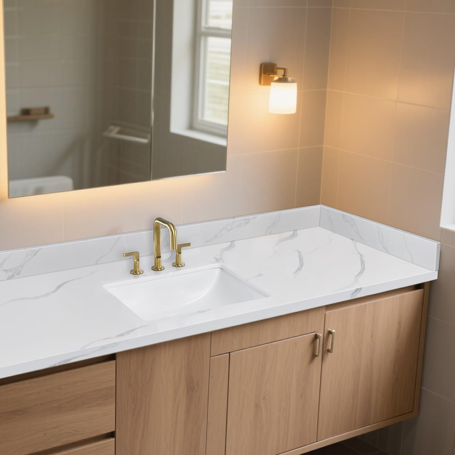 21 Inch Sidesplash in Calacatta Rocky, Quartz Stone Side Splash For Bathroom Vanity Top, Universal Size Bathroom Sink Sidesplash