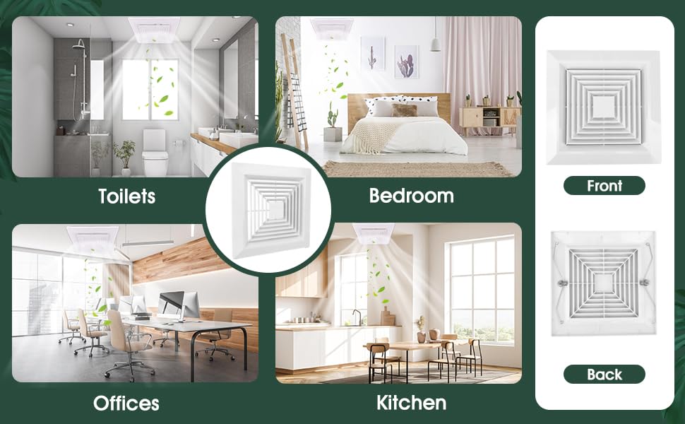 White 1 Piece (9 “x 9 ”Inch) Bathroom Exhaust Fan Cover with Spring, Square Ceiling or Wall Mounted Exhaust Fan, Ceiling Fan, Grille, Air Diffuser, Diverter Ventilation Hood, Replacement Accessories