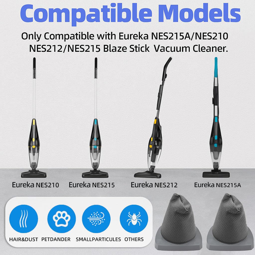 YUJINRU 4 PCS Replacement Filters Compatible with Eureka NES215A/ NES210/ NES212/ NES215 Blaze Stick Vacuum Cleaner, Fits Model N0101 N0102 Series,2 Pack Vacuum Filters & 2 Pack Pre-Motor Filters