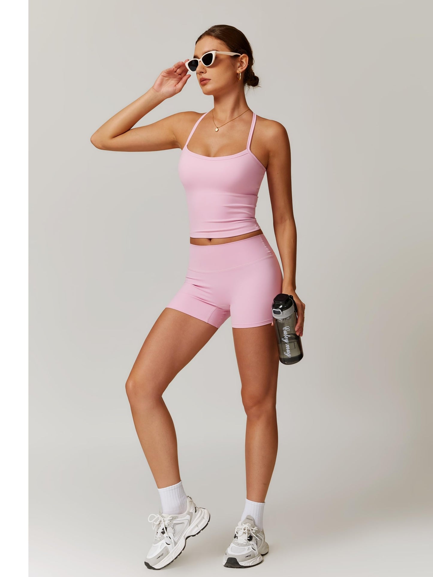 ABOCIW Workout Sets for Women Padded Sports Bra Tank Tops High Waist Booty Shorts Gym Yoga Active Wear Outfits Power Pink Medium