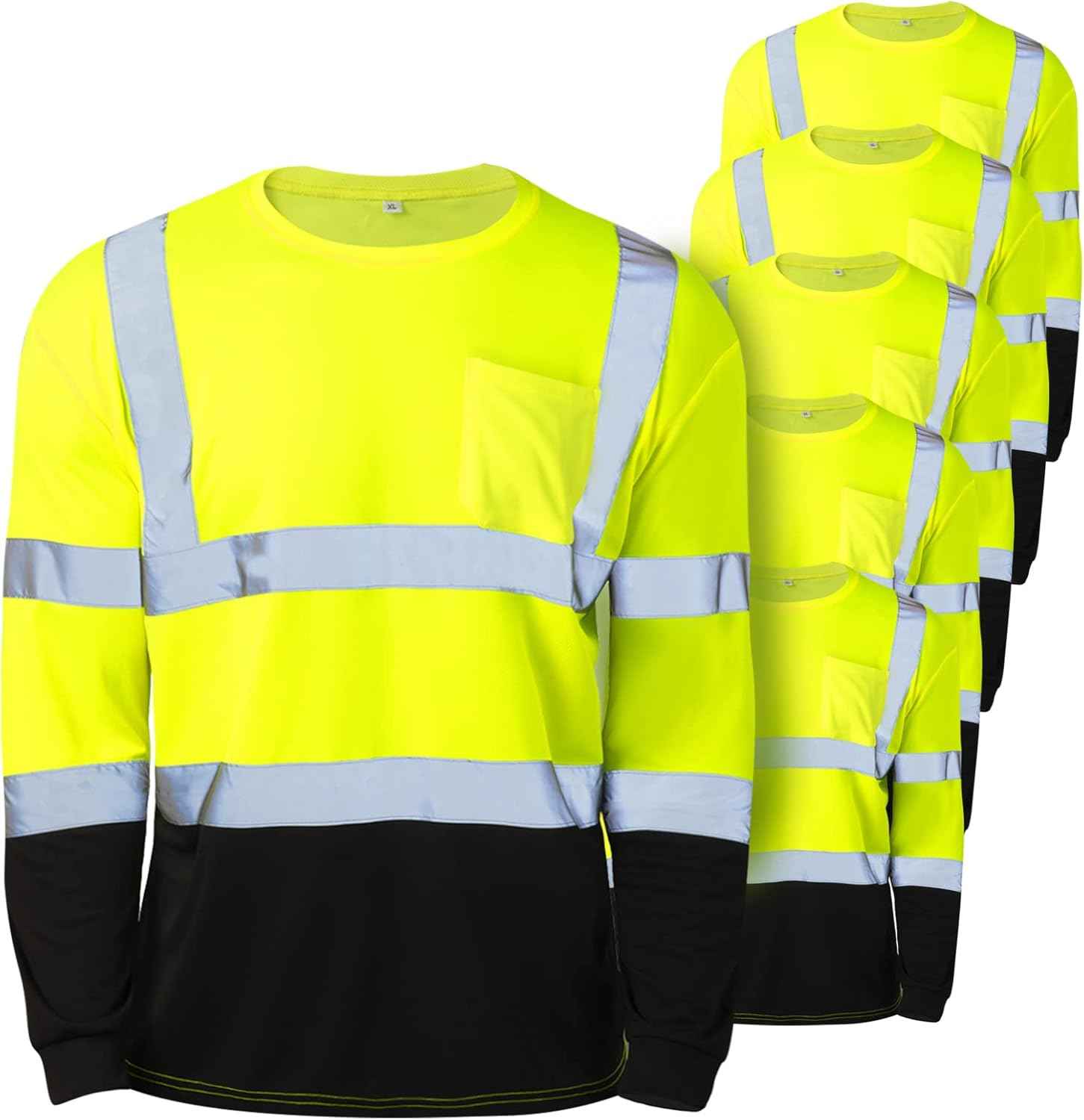 High Visibility Long Sleeve Safety Shirts - 6 Pack Class 3 Reflective Wicking Shirts with Pocket (Yellow)