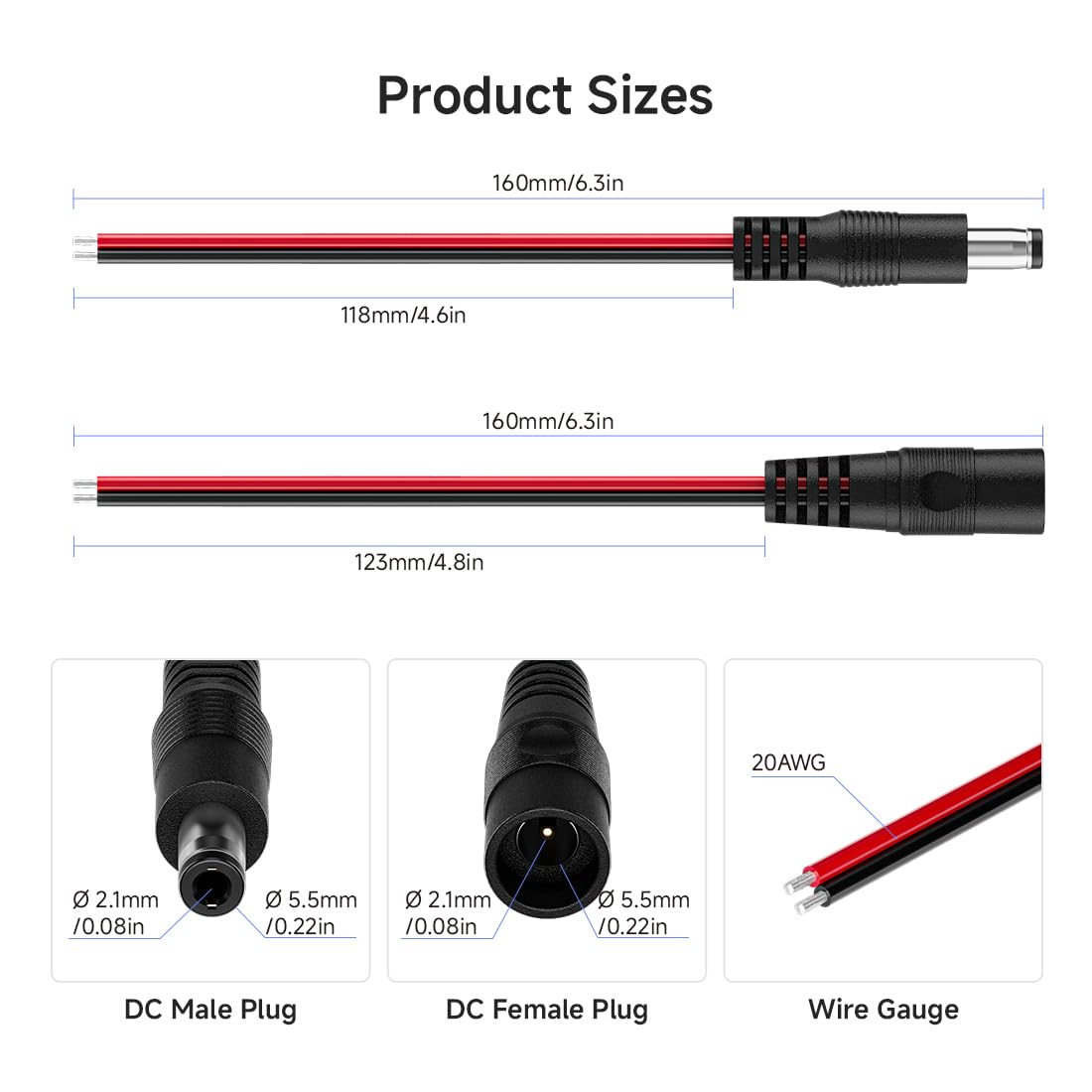 BTF-LIGHTING 10 Pairs 16cm 20AWG Barrel Plug Connector 5.5mm x 2.1mm Male/Female to Wire DC Power Pigtail Cable Connector Plug for 2PIN FCOB COB LED Strip Lights