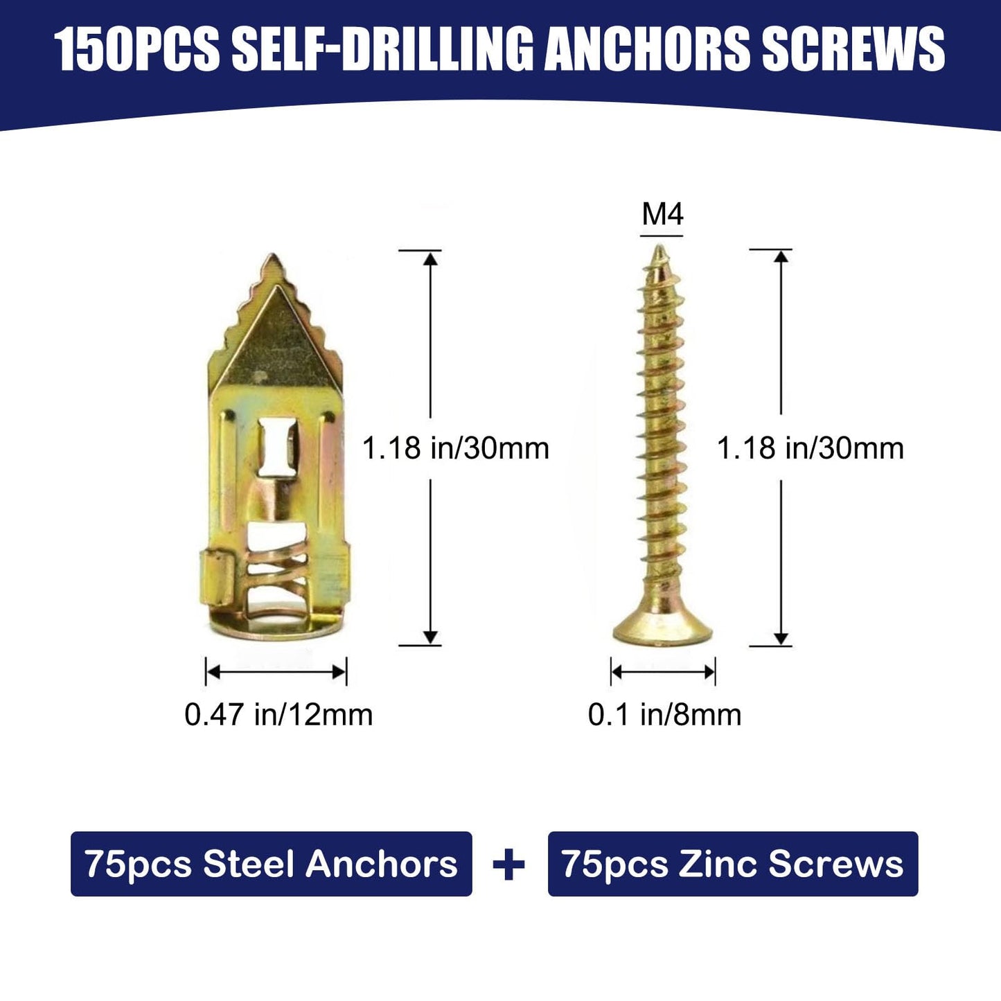 Maozaa 150 pcs Self-Drilling Drywall Anchors with Screws, 0.47x1.18 Inch Zinc Plated Steel Drywall Wall Anchors and Screws Kit Heavy Duty, Easy Application No Drill or Holes in Wall
