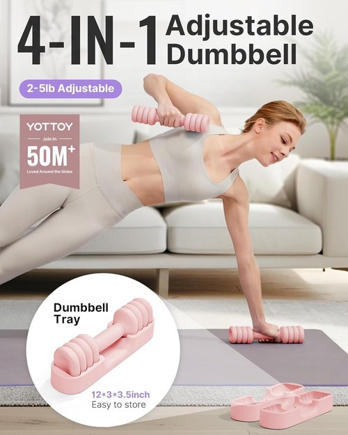 YOTTOY Adjustable Dumbbell Set of 2, 4-in-1 Hand Weights for Women at Home, Compact Free Weights Dumbbells Set with Soft Grip and Base, 2-5 lbs Each for Home Gym (Pink)
