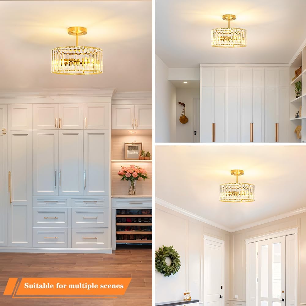 Modern Gold Crystal Ceiling Light Fixture - 11-Inch Semi Flush Mount Chandelier for Kitchen & Entryway