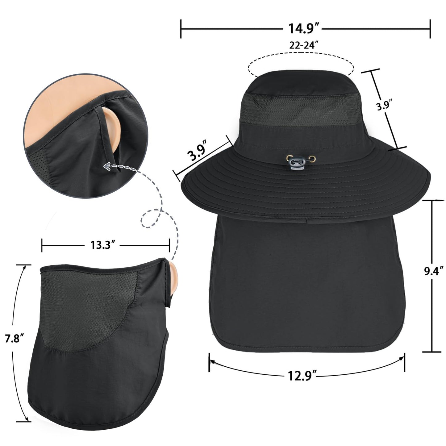 Sun Hats for Men Women Fishing Hat UPF 50+ Face Cover Wide Brim Bucket Hats Summer UV Protection Safari Hat with Neck Flap