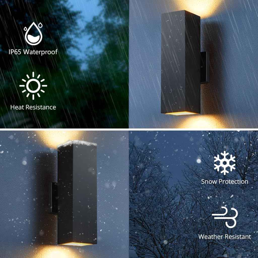 Modern Outdoor Wall Lights - Dusk to Dawn Square Matte Black Sconce with Bulbs, Aluminum Anti-Rust Up & Down Lighting for Porch & Garage