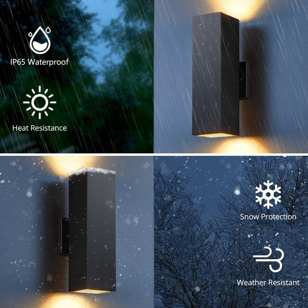 Modern Outdoor Wall Lights - Dusk to Dawn Square Matte Black Sconce with Bulbs, Aluminum Anti-Rust Up & Down Lighting for Porch & Garage