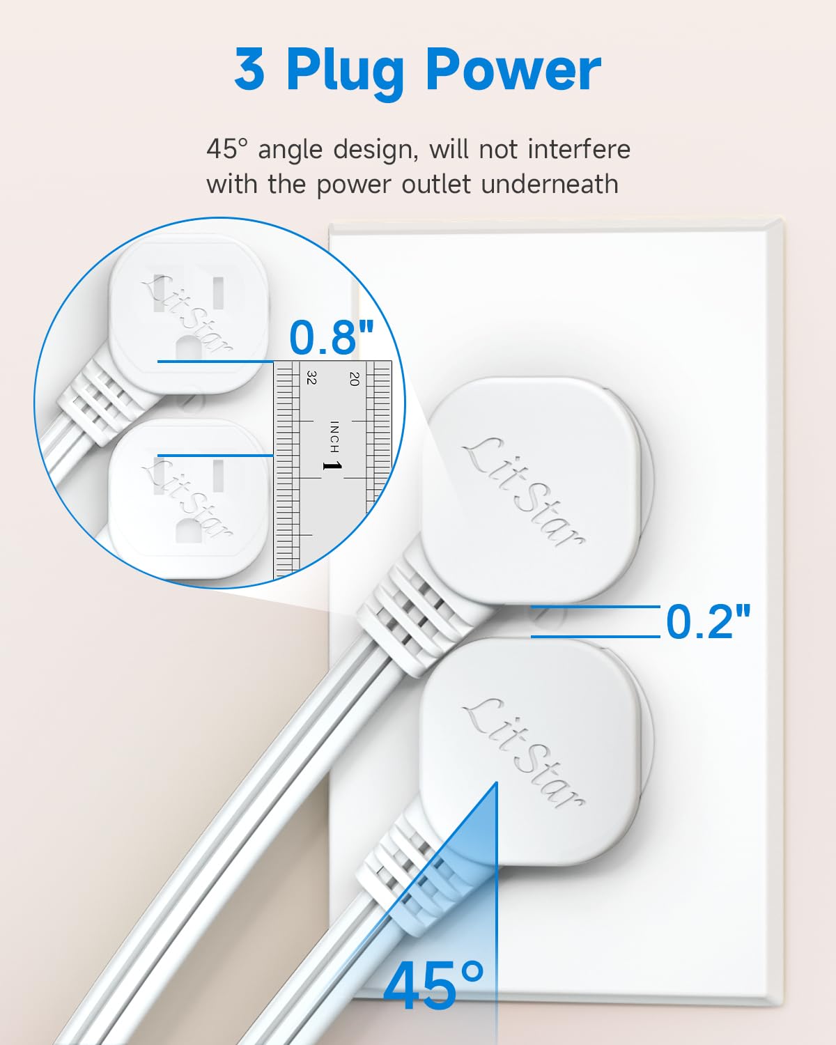 Flat Plug 1Ft Short Extension Cord, White 90-Degree Plug Low Profile Power Adapter, 3-Prong Indoor Grounded Small Extension Cord 16AWG 13A 1625W 2 Pack