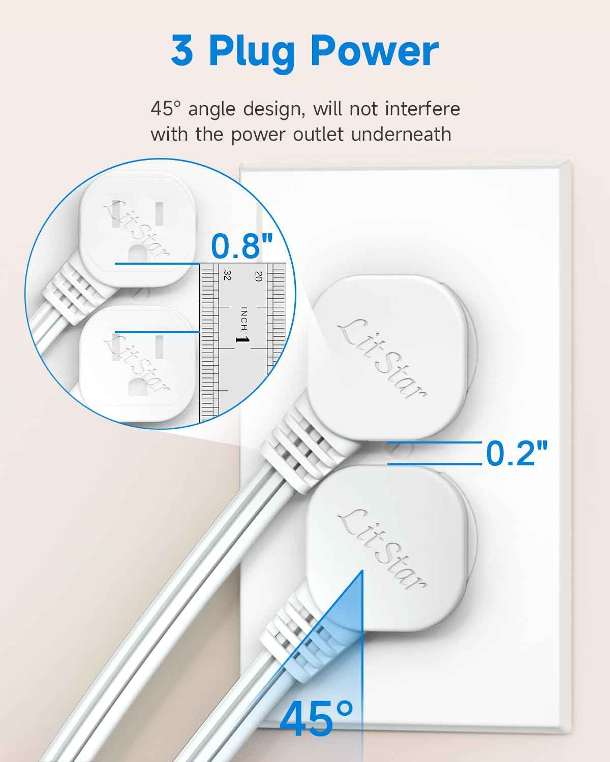 Flat Plug 1Ft Short Extension Cord, White 90-Degree Plug Low Profile Power Adapter, 3-Prong Indoor Grounded Small Extension Cord 16AWG 13A 1625W 6 Pack