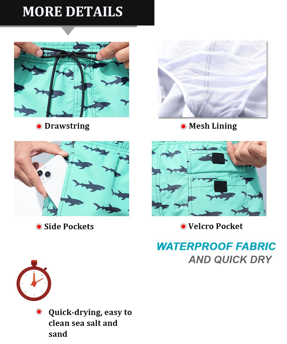 SILKWORLD Mens Swim Trunks Quick Dry Bathing Suits, Blue Shark, M