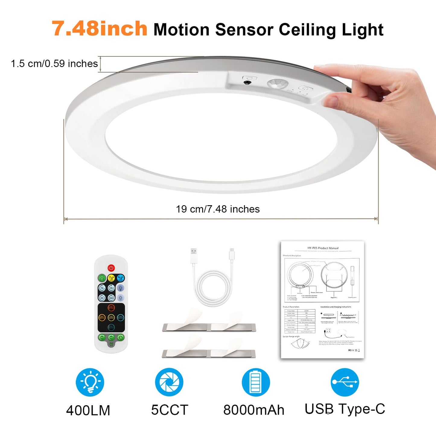 APCENS Ultra-Thin Rechargeable Motion Sensor Ceiling Light with Remote, 8000mAh Battery, Dimmable, Timer, 5 Color Temperatures, Magnetic Ceiling/Wall Mount for Stairs, Closet, Hallway(1, 7.5inch)