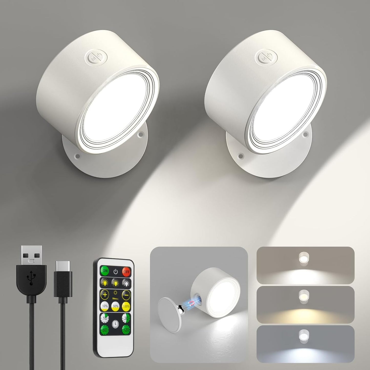 Rechargeable LED Wall Mounted Lights - 3 Pack with Remote, Dimmable & 360° Rotation for Bedroom