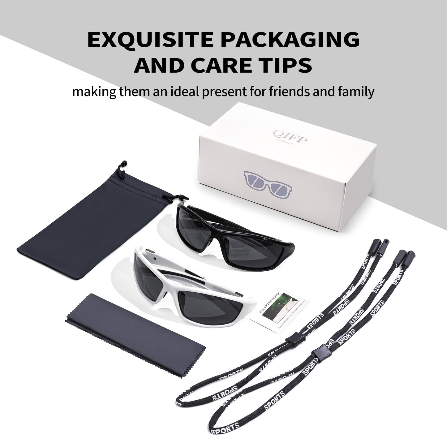 QIFP Polarized Sports Sunglasses For Men Women Unbreakable Frame Cycling Driving Fishing UV400 Protection (White Black + Black Black)