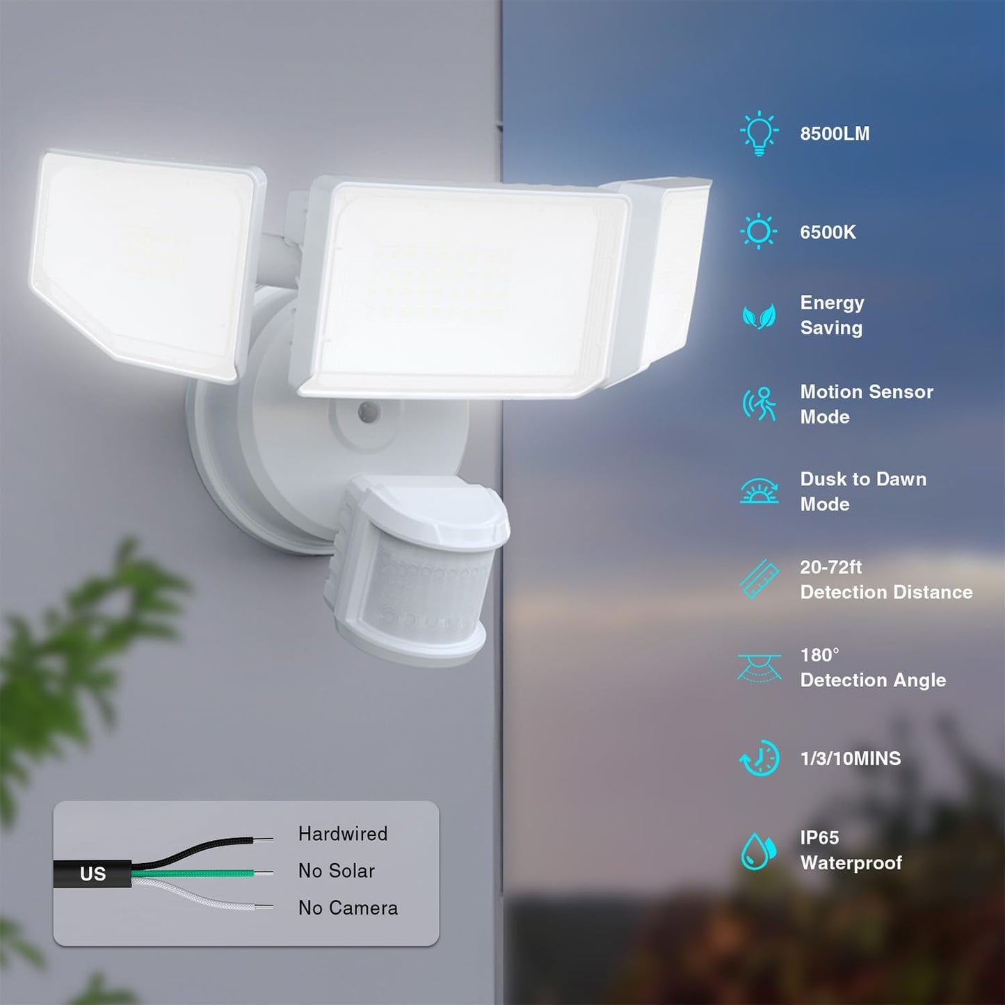 85W LED Motion Sensor Security Light - 8500LM Dusk to Dawn, 3-Head Waterproof Floodlight for Garage, Yard & Porch