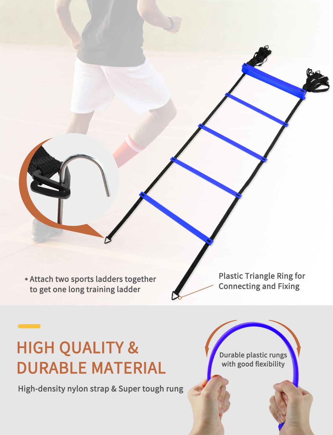 GHB Agility Ladder,Football Training Equipment Set,4 Agility Hurdles, 20 feet12 Rungs Speed Ladder,12 Disc Cones,Resistance Parachute, Jump Rope, 4 Resistance Bands (Blue)
