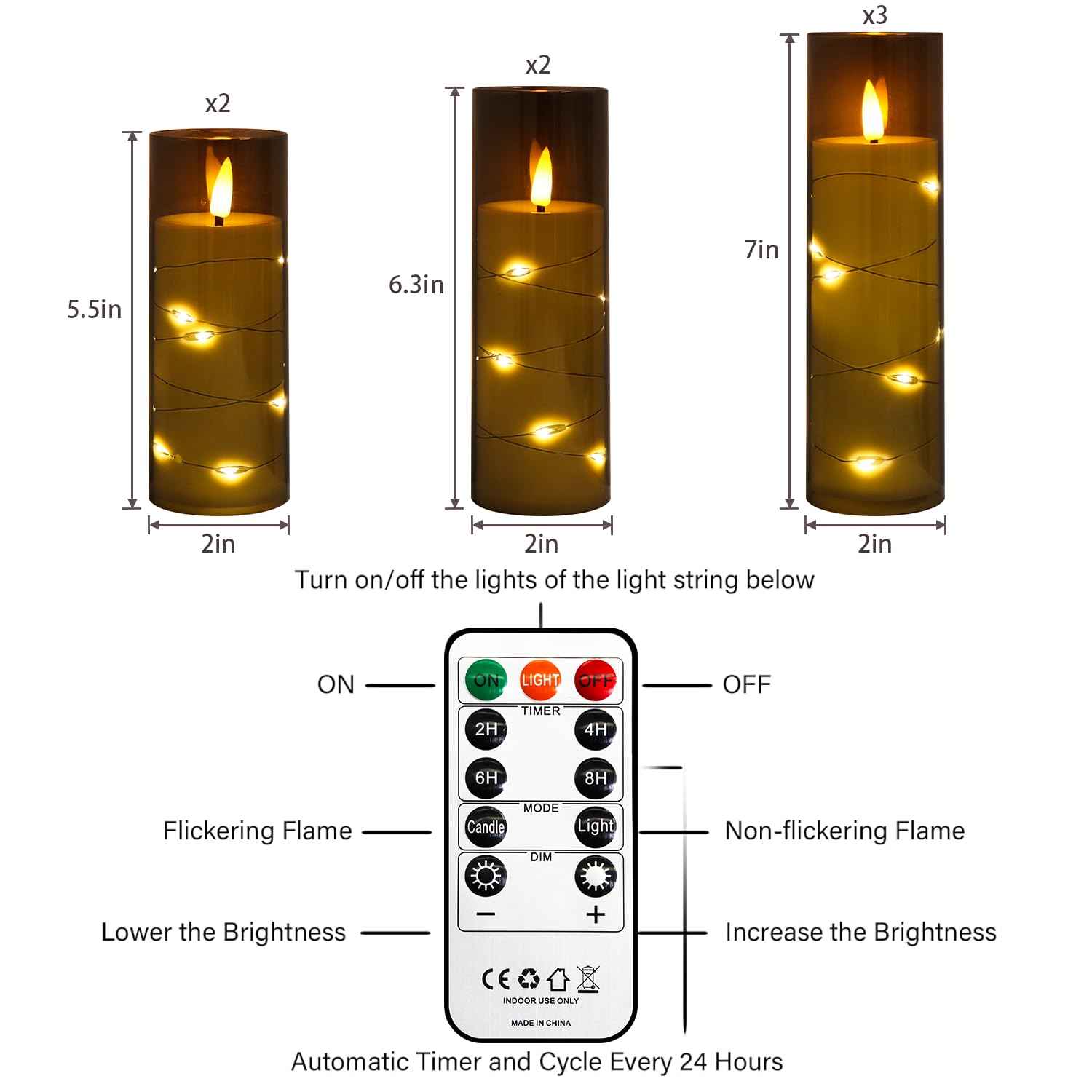 Flameless Candles Flickering LED Lights 7 PCS Battery Operated Candles with Remote & Timer, with Embedded Star String Lights for Home Decoration Wedding Festival Cafe Restaurant (Grey)