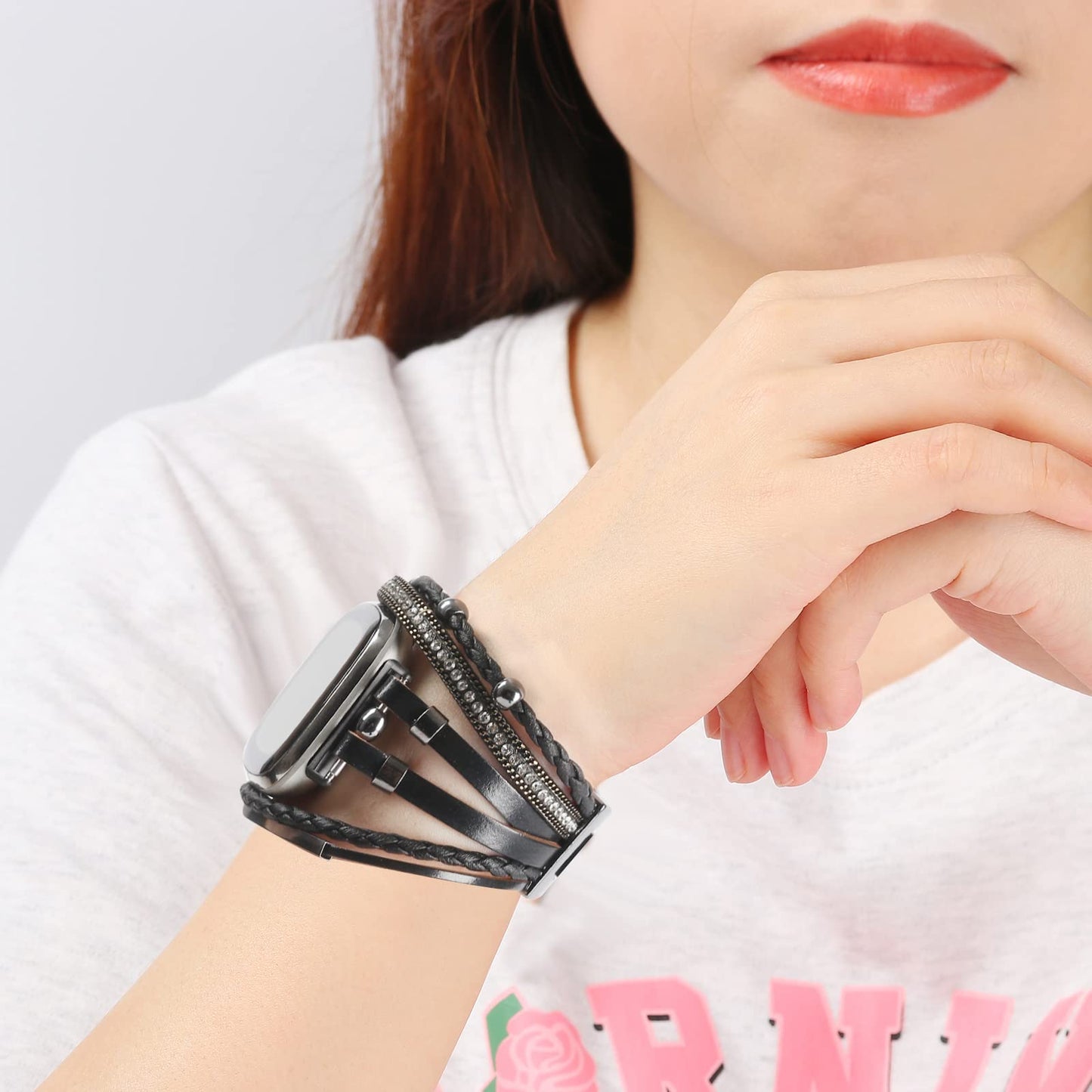 Posh Leather Bands Compatible with Fitbit Versa 3/Fitbit Sense, Women Boho Stylish Multilayer Wrap Bracelets Wristband, Handmade Adjustable Jewelry Strap for Sense/Versa 3 Smart Watch (Black)