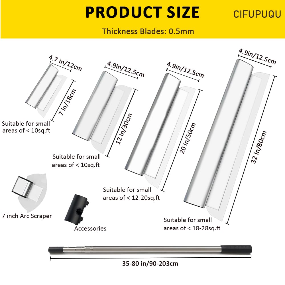 Drywall Skimming Blade Set, Drywall Tools with Stainless Steel 7",12",20",32" Skimming Blades and Extension Handle (35"-80"), High-Impact End Caps, Extruded Aluminum